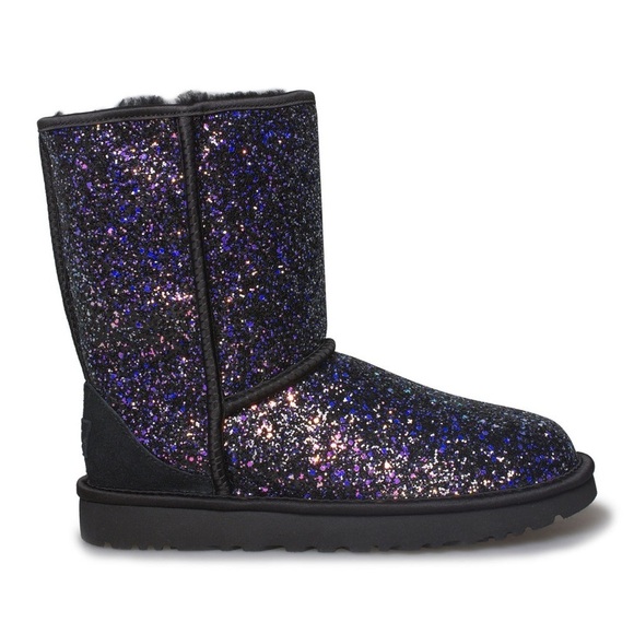 UGG CLASSIC SHORT COSMOS PURPLE BLACK SPARKLE BOOTS leather sheepskin RARE sz 7 - Picture 2 of 8